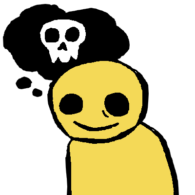An emoji yellow figure with black eyes and a slight smile with a black thought bubble that has a skull in it
